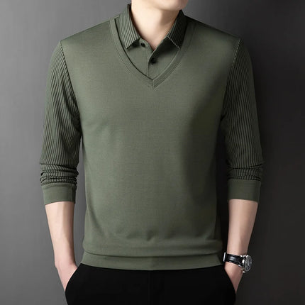 Men's Casual Fashion Long Sleeve Solid Color Polo Shirt 2025 Business Versatile Top All Season Fake Two-Piece