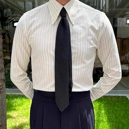 2026 Spring Fall Daily Casual Mens Slim Shirts Long Sleeve Turn-down Collar Button Shirt Top Men Fashion Striped Texture Shirt
