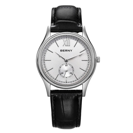 BERNY Watches for Men Luxury Slim Classic Stylish Dress Quartz Watch Stainless Steel Case Elegance Leather Band Wristwatch