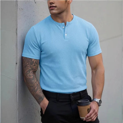 Men's Henley Collar Polo Shirt, Short Sleeve T-Shirt, Summer Casual Button-Down Placket Street Style Base Layer, S-3XL.