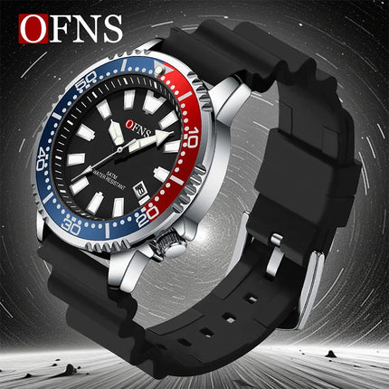 OFNS High Quality Fashion Men's Quartz Watch Calendar Luminous Display 50M Waterproof Luxury Watches Rubber Strap Men's Watch