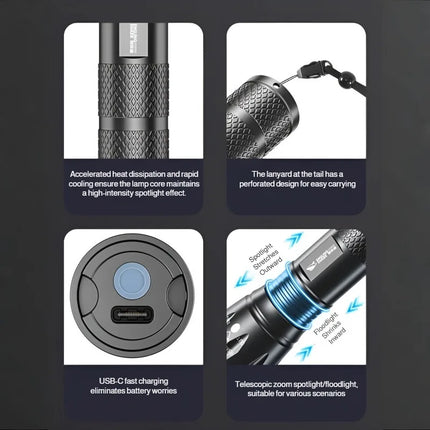 Portable LED Flashlight High Bright Mini Usb Rechargeable Light Telescopic Zoom 3Levels Light for Outdoor Camping Hiking Use