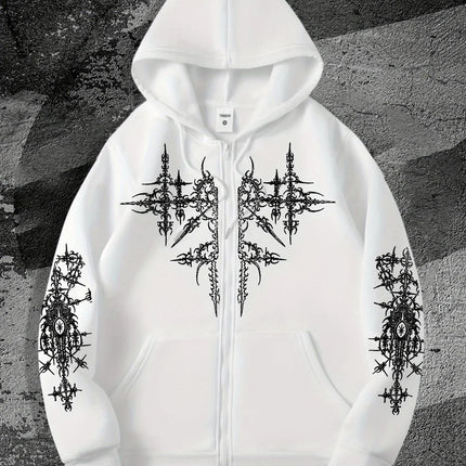 Unisex Gothic Dark Print Zip-Up Hoodie Trendy Streetwear Casual Everyday Fashion Unisex Style Holiday Gift