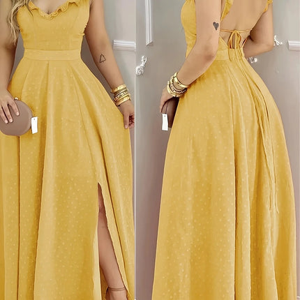 Women's Yellow Polka Dot Maxi Dress Ruffled Neckline Back Tie Side Slit Ideal for Summer Vacations and Bohemian Gatherings