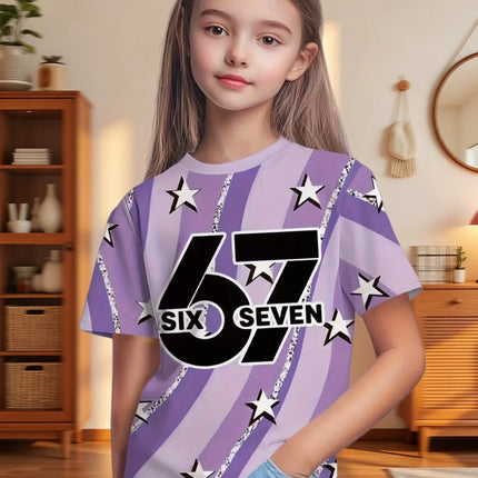 67 Meme T-Shirt for Boys Girls Fashion Splashed Ink 3D Print Girl Short Sleeve Tees Round Neck Tops Loose Children's Clothing