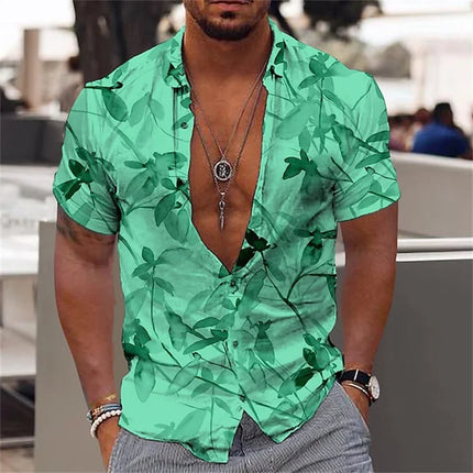 Men's Black and Gold Flower Shirts Summer Plant Print Lapel Shirt Hawaiian Style Beach Short Sleeved Button Up