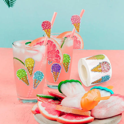 100-500 Pcs Summer Ice Cream Stickers Roll Holographic Ice Cream Cone Stickers Colored Waterproof Self-Adhesive Decals for Gift