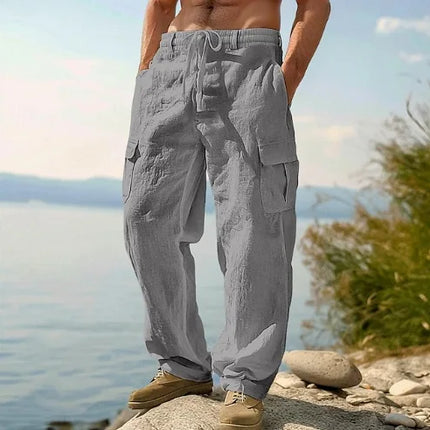 2026 Summer Men'S Cotton And Linen Pants Multiple Pockets Breathable Loose Drawstring Straight Leg Pants Sports And Casual Pants