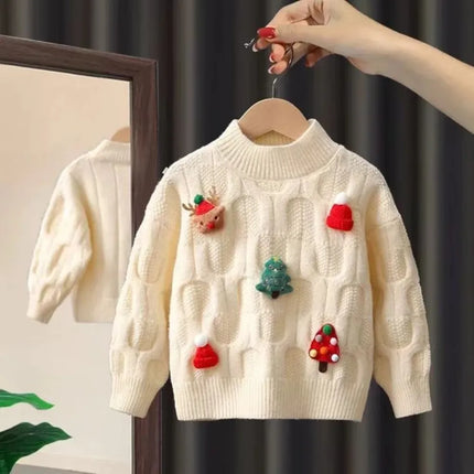 Hat Deer Christmas 3D Pullover Sweater Autumn and Winter Knitted New Year Christmas Girls Clothes Korean Version