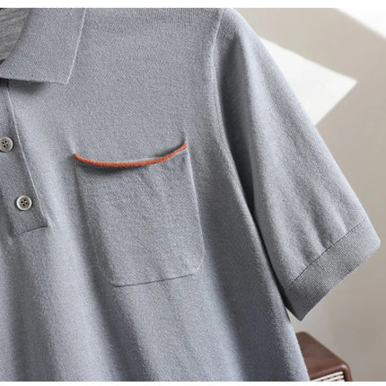 Spring and Summer New Polo Collar 100% Fine Wool Short Sleeve Men's Business Casual T-Shirt with Turn-down Collar and Pocket