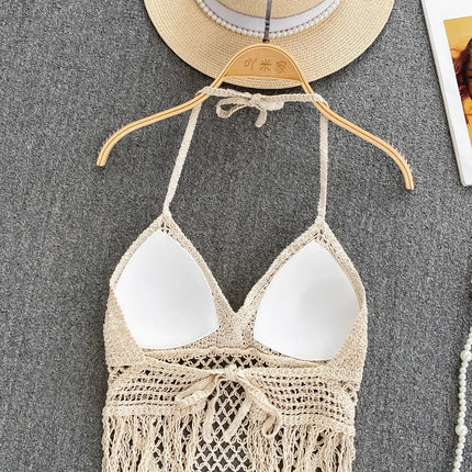 Knitted Tassels Hollow Out Tank Camis for Women Bohemian Style Halter Sleeveless Sexy Femme Corset Crop Tops Beach Tank Camisoles