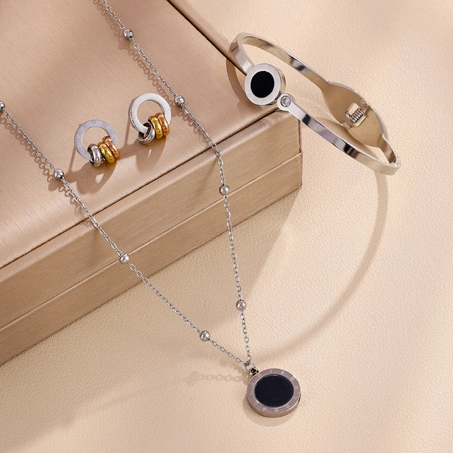 3-Piece Women's Classic Fashion Stainless Steel Roman Digital Design Jewelry Set - Necklace, Bracelet, Earrings, Unique Gifts