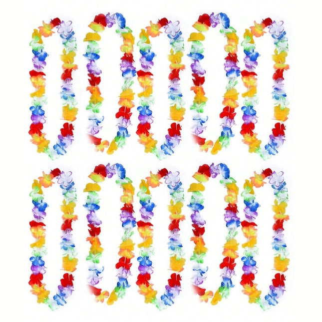 10pcs Hawaiian Flower Leis Multicolor Tropical Floral Necklace Polyester Flower Garlands For Luau Party Beach Dance Party Decor