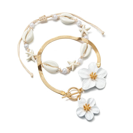 2 pieces of simple white oil drop flower snake bone chain, double-layer resin shell woven women's foot rope