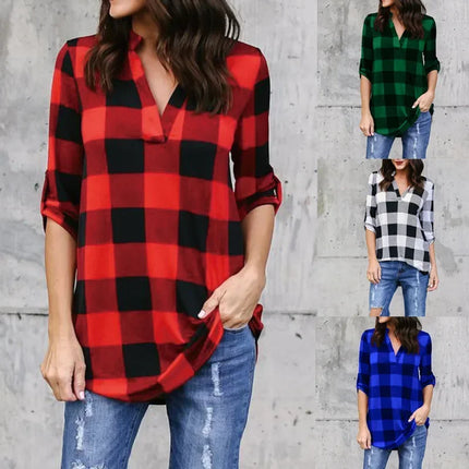Fashion Plaid V-neck T-Shirt Woman Top Summer T Shirt Women Clothes  Ladies Tops Casual Beach Sun Blusas