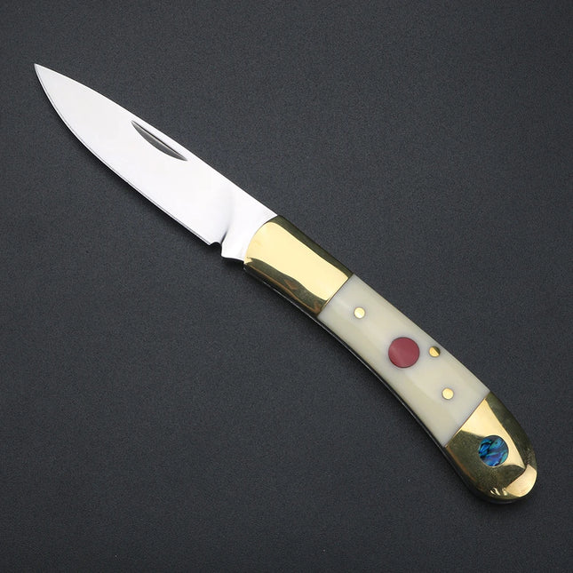 Folding knife with brass beef bone handle, 9cr18 stainless steel fruit knife. Exquisite pocket knife, perfect gift