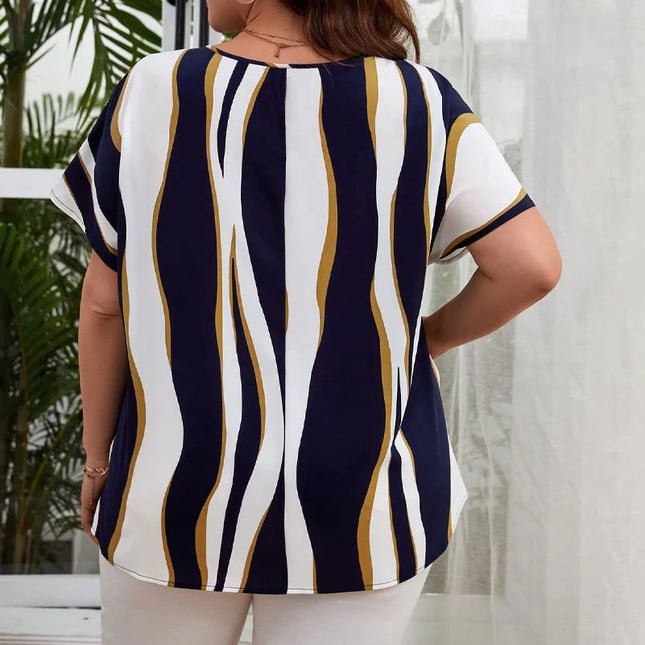 Plus Size Women's Shirts, Striped Printed Short-Sleeved Crew Neck Shirts, Elegant Work Tops with Side Knotted Design
