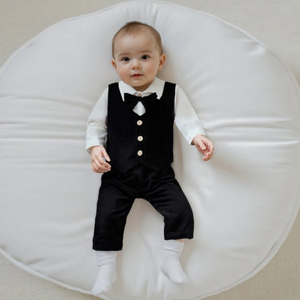 0-18M Newborn Baby Boy Dress Clothes Long Sleeve Romper Shirt Bowtie Waistcoat Suspender Pants Set Suit Fall Outfits