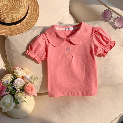 Solid Button Polo Shirt For Girls Cute Children Clothes Casual Short Sleeve T-shirt