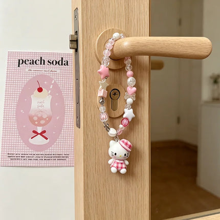 Hello Kitty Phone Chain Cute 3D Cat Bead Phone Chain Short Wristband Hanging Accessories CCD Camera Versatile Hanging Rope