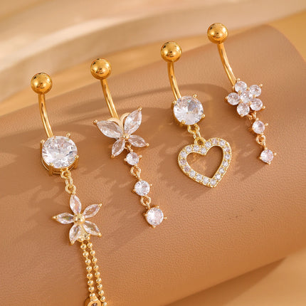 3-5pcs Mixed-Style Sets Heart Flower Dangle Belly Button Rings Stainless Steel Butterfly Curved Zircon Belly Piercing Navel Ring