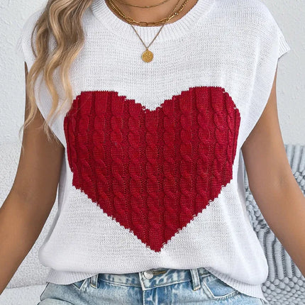 VigoCasey 2025 Summer Lady Love Patchwork Top Women O Neck Short Sleeve Knit Vest Female Casual Loose Pullover Tops Clothes