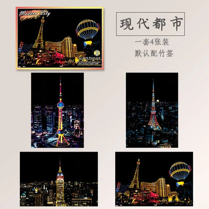 DIY 4Pcs Night Scene Art Scratch Painting Toys City Building Landscape  Educational Toys Birthday Gift Room Decor