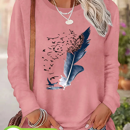Women'S Cotton Long Sleeve T-Shirt Leaf and Birds Casual Top Fall Winter Fashion Ladies T Shirts Clothing Artistic Print Tee