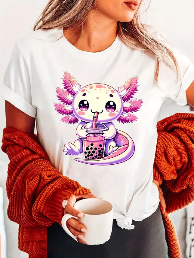 Axolotl Print Crew Neck T-shirt Short Sleeve Casual Top Summer Women's Clothing Print Clothing Women's Harajuku Graphic Clothing