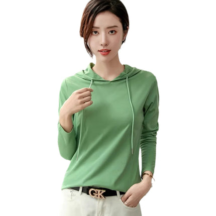 Silky cotton hooded sweatshirt T-shirt for women in spring 2025 new pure cotton versatile light luxury thin fashion base shirt