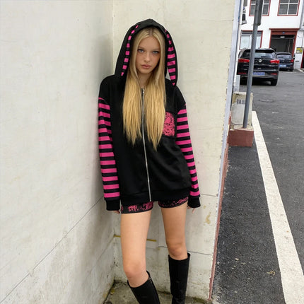 2026 Dark Pink Black Punk Skeleton Printed Striped Sleeve Hoodie Street Style Women's Zipper cardigan Wholesale Women's Clothing