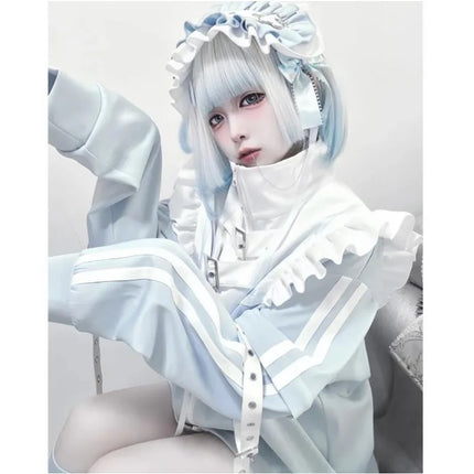 Japanese Subculture stitch Patchwork Hoodies Women's Autumn 2024 Ruffled Edge Harajuku Y2k Hoodie 2000s Loose Zipper Sweatshirts