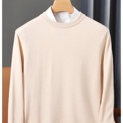 100% Wool Round Neck Solid Color Knitted Sweater Men's Pullover Long Sleeved Loose Sweater Business Casual Simple Cashmeres 2026