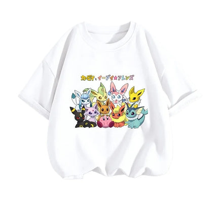 2026 Summer Pokemon Eeveelutions & Kirby Group Print T-Shirt, 100% Cotton Loose Casual Oversized Tee for Adults & Kids Y2k