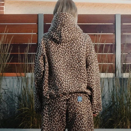 Loose Women Men Coat Street y2k retro leopard print hooded sweatshirt autumn winter Harajuku style hip-hop zipper pullover