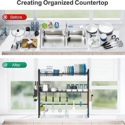Over The Sink Dish Drying Rack, 2 Tier Above Sink Dish Drainer Drying Rack with Utensil Holder for Kitchen Counter, Rustproof