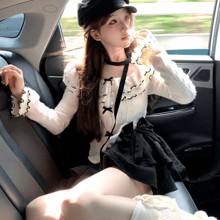 Japanese Sweet Lace Up Patchwork Sexy Sets Bow Long Sleeved T-shirt Women + Solid Casual Cake Skirt Suit Cute Two Piece Set 2024