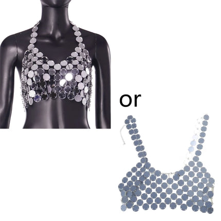 Womens Sexy Hollows Out Outfit Glitter Bra Tops Club Festival Beachs Party Mirrors Skirts for Summer