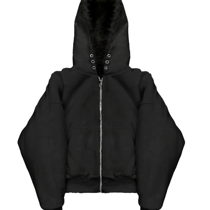 Autumn and winter season women's street retro hooded zipper solid color double-sided cardigan sweatshirt jacket clothing Y2K