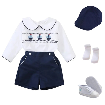 Long Sleeve Boys Fashion Set 9-36 Months Infant Smocked Shirt with Peter Pan Collar Baby Daily Gentleman Outfit Soft Cotton Suit