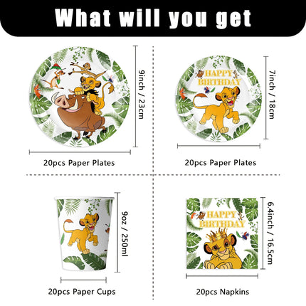 The Lion King Simba Jungle Theme Tableware Kit Printed Paper Plates Paper Cups Kids Boys Safari Birthday Party Decorations