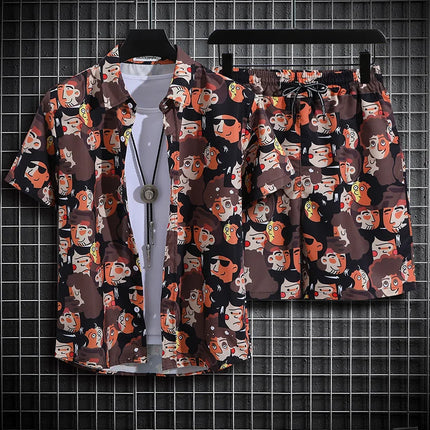 Hainan Island Beach Shirt Men's Set Sanya Travel Hawaii Large Size Floral Print Five-Quarter Pants Short Sleeve Casual Shirt