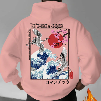 Japan Ukiyoe Sakura&Big Wave Kanagawa Print Men Women Hooded Sweatshirt Autumn Winter Daily Fitness Casual Loose Warm Sportswear