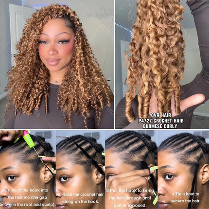 Burmese Curly Crochet Human Hair #P4/27 Blonde With Brown Colored Highlight Omber Miracle Knots Feather Crochet Bulk Human Hair