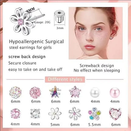 Hypoallergenic Spiral Earrings for Ladies Surgery Steel Cute Heart CZ Flowers Pearl Ball Small Stud Earrings for Girls