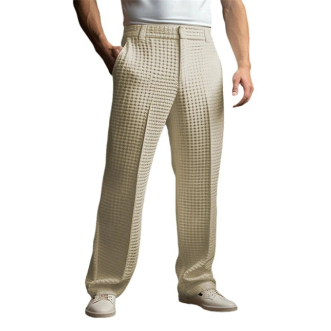 Mens Waffle Trousers Cotton Blend Business Casual Pants Autumn Fashion Commuting Solid Color Straight Pants Men'S Clothing 2024