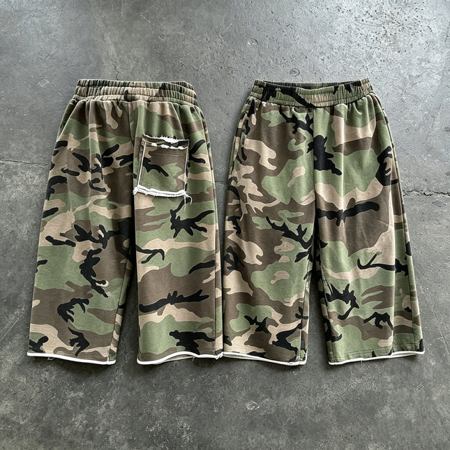 Y2K American Camo Shorts Camouflage Pattern Rough Edge Tassel Sweatshorts New Summer High Street Streetwear Unisex Baggy Shorts
