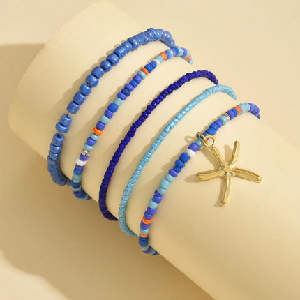Multilayer Bohemia Rice Bead Anklet Set for Women Fashion Starfish Pendant Anklets Summer Sandy Beach Ankle Chain on Leg Jewelry