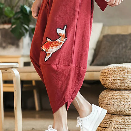 Chinese Embroidery Summer Cotton Linen Shorts Men Baggy Wide leg Casual Capris Pants Male Sport Running Shorts 2025