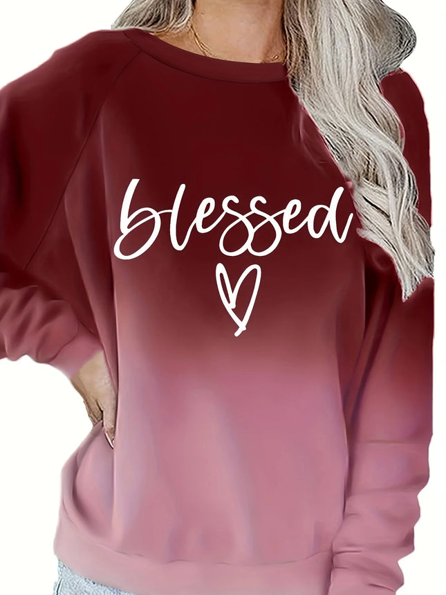 Plus Size Spring Casual Sweatshirt, Women's Ombre & Letter & Heart Print Raglan Sleeve Round Neck Slight Stretch Pullover Top